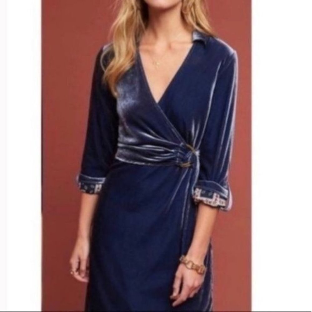 Anthropologie Maeve Blue Velvet Wrap Dress
